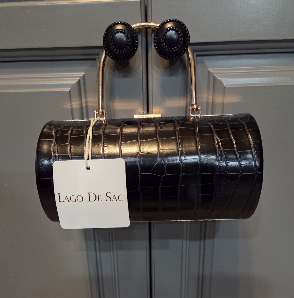 Lago De Sac Black Check Embossed Handbag/Chain NWT